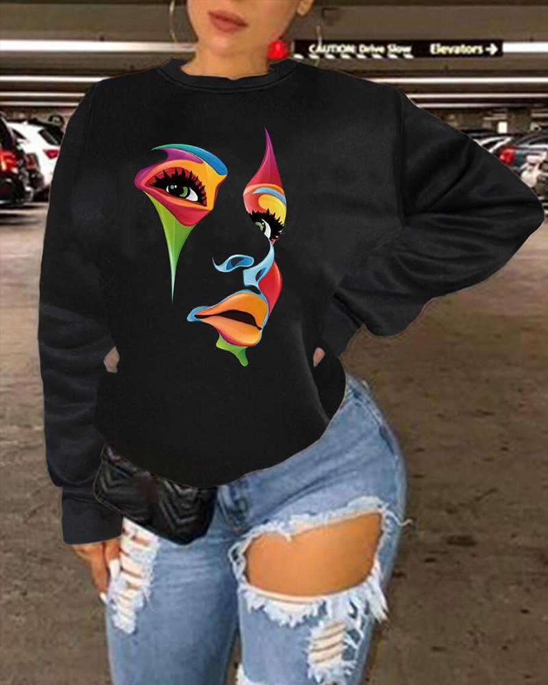 

Plus Size Abstract Figure Print Long Sleeve Sweatshirt, Black