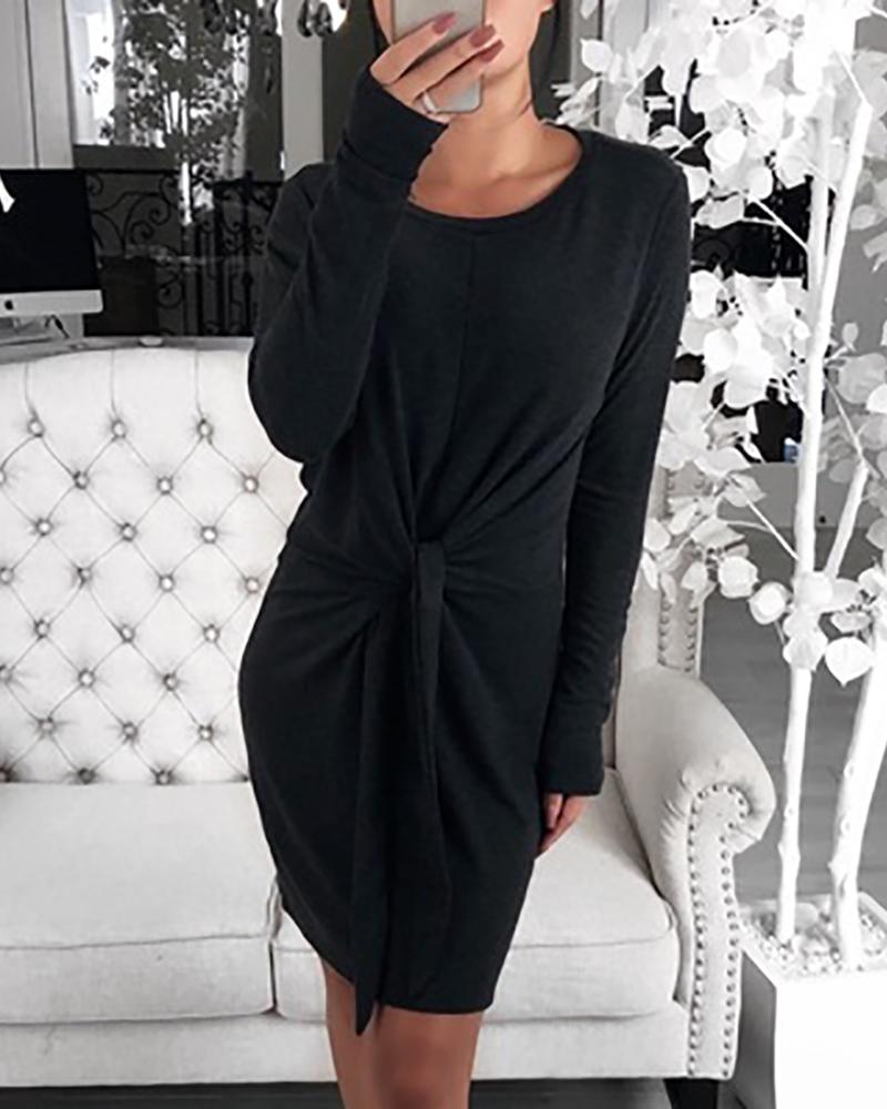 

Solid Long Sleeve Twisted Design Bodycon Dress, Black