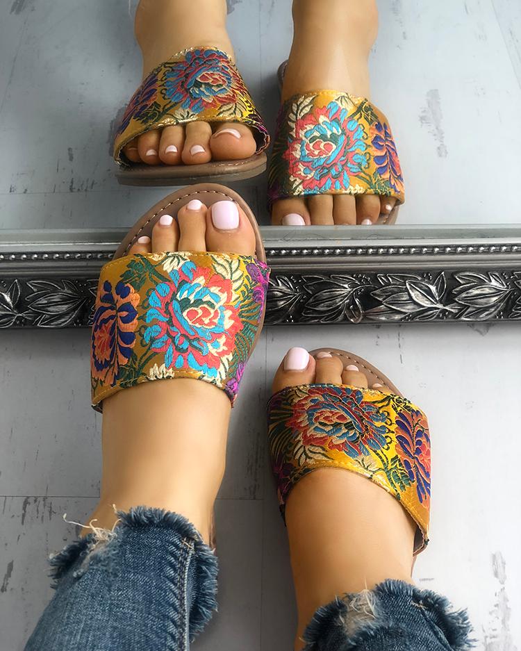 

Floral Embroidery Single Strap Open Toe Slipper, Yellow