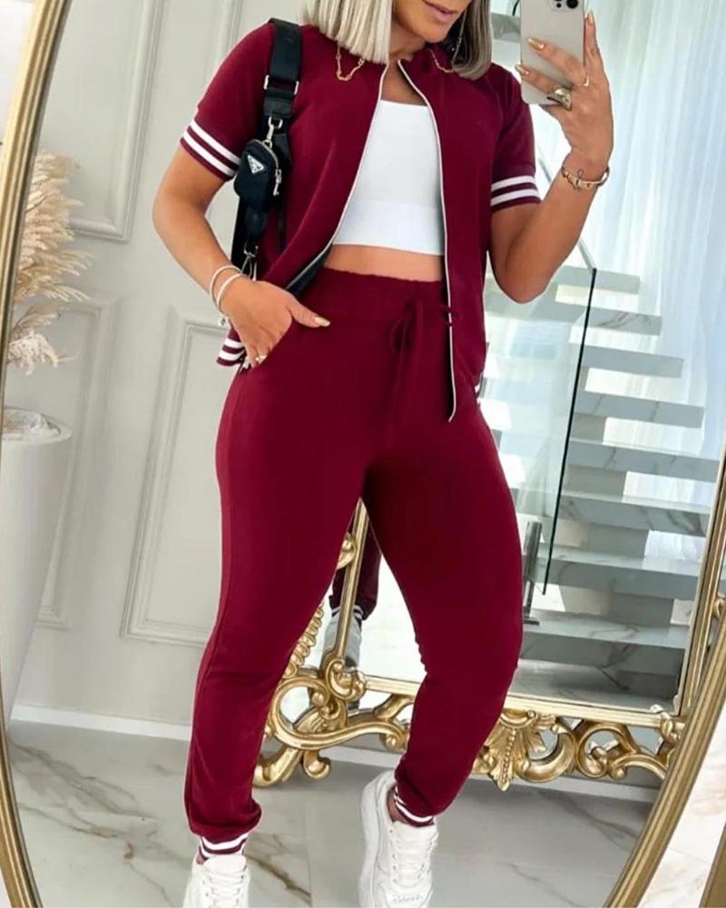 

Striped Short Sleeve Top & Pocket Design Drawstring Pants Set, Red