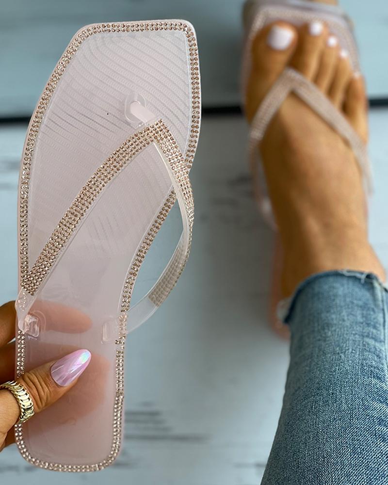 

Square Toe Rhinestone Decor Flip Flops, Pink