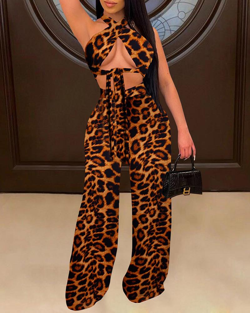 

Halter Colorblock / Cheetah / Butterfly Print Crop Top & Pants Set, Leopard