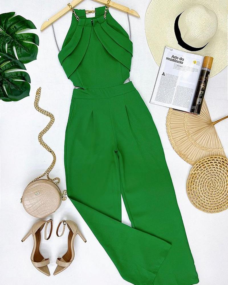 

Chain Strap Ruched Wide Leg Jumpsuit, Green