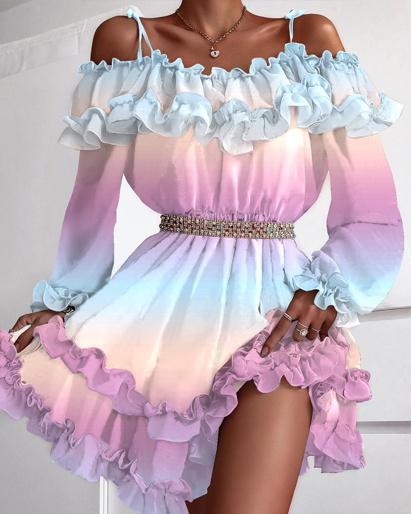 

Ombre Cold Shoulder Frill Hem Casual Dress, Multicolor