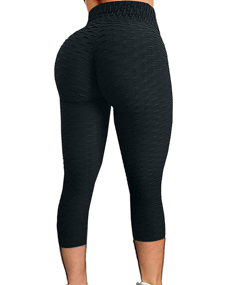 

High Waisted Textured Tummy Control Butt Lifting Yoga Pants, Black