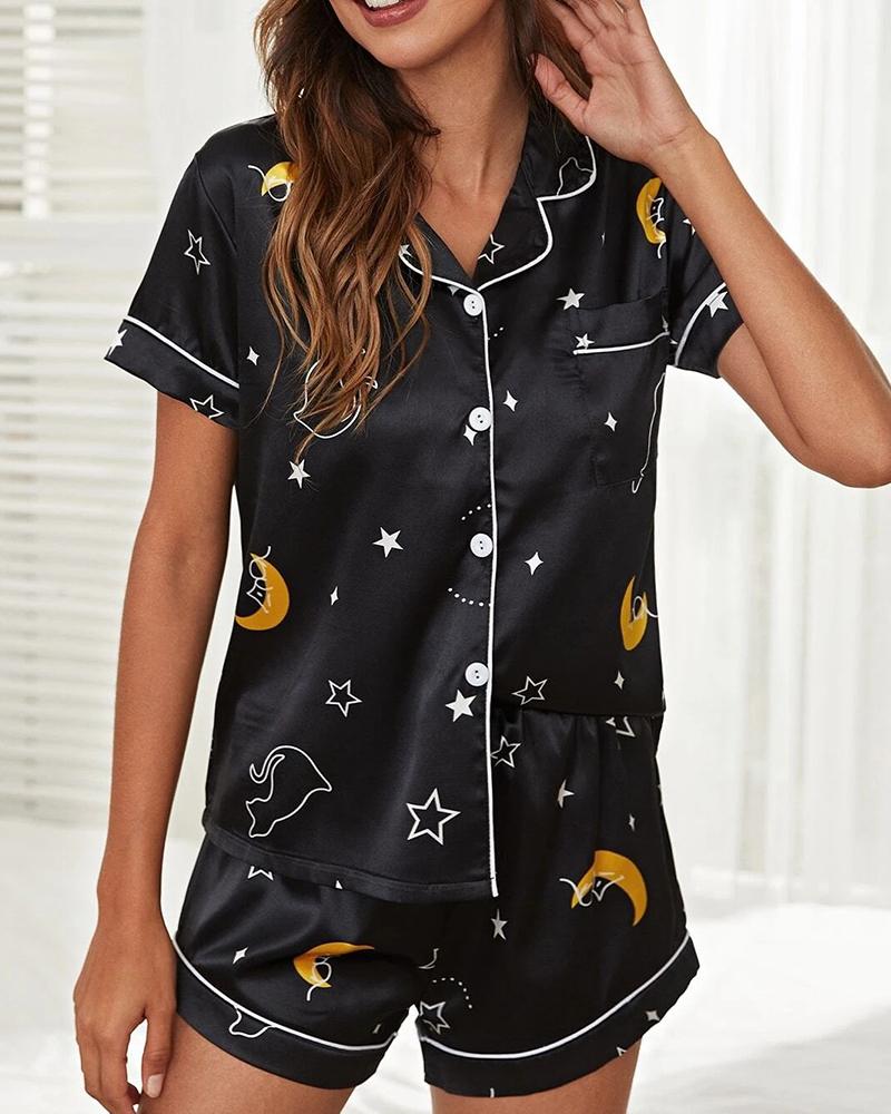

Leaf / Star Print Satin Buttoned Pajamas Set, Black