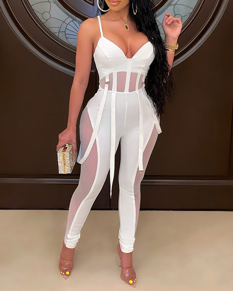 

Sleeveless Sheer Mesh Patch Band Decor Jumpsuit, White
