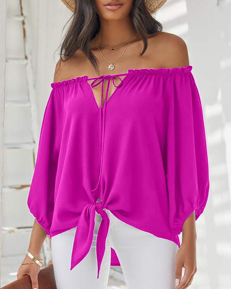

Off Shoulder Tied Detail Lantern Sleeve Top, Hot pink