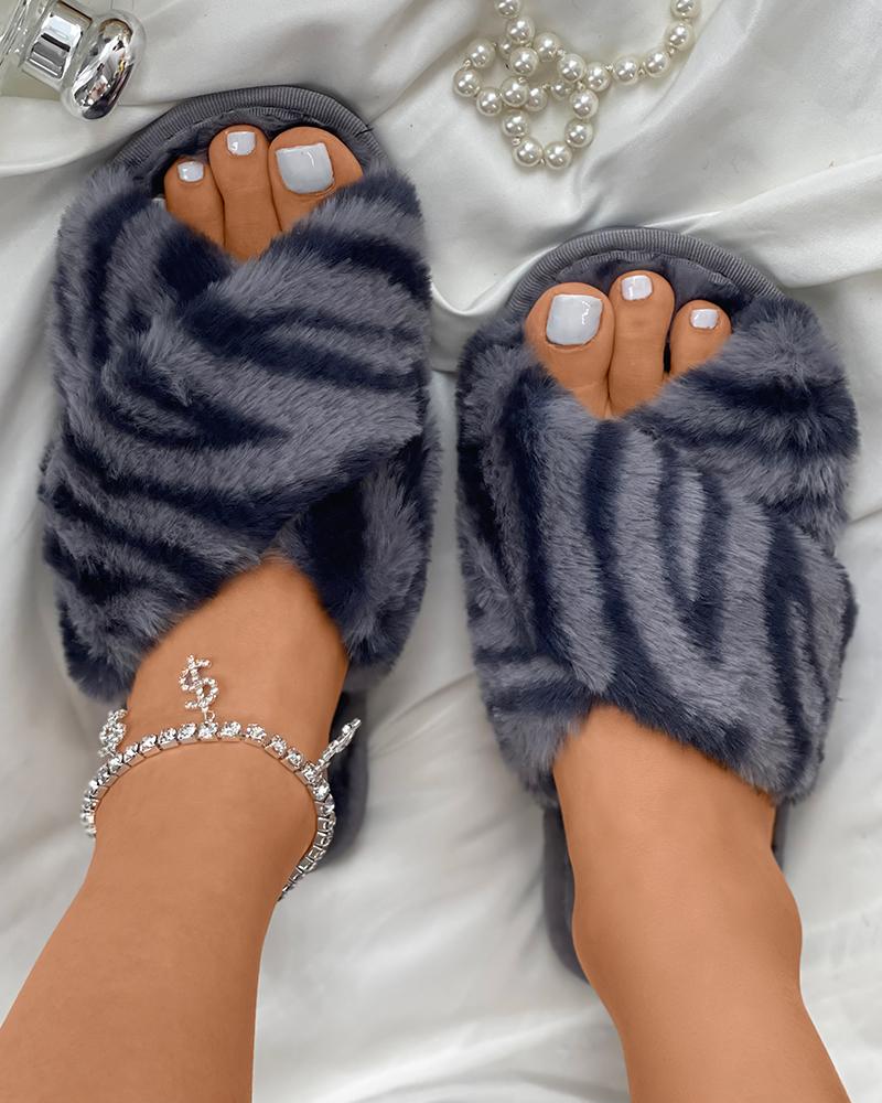 

Zebra Stripe Bandage Peep Toe Fluffy Slippers, Gray