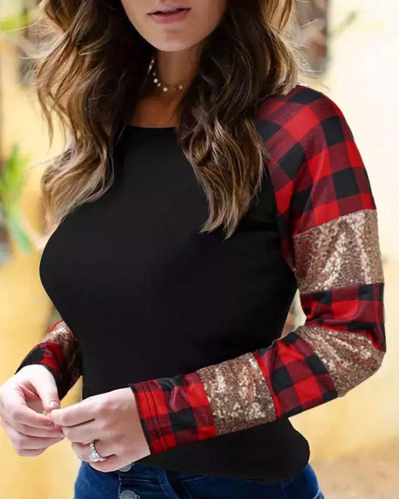 

Plaid Print Colorblock Long Sleeve Top, Red