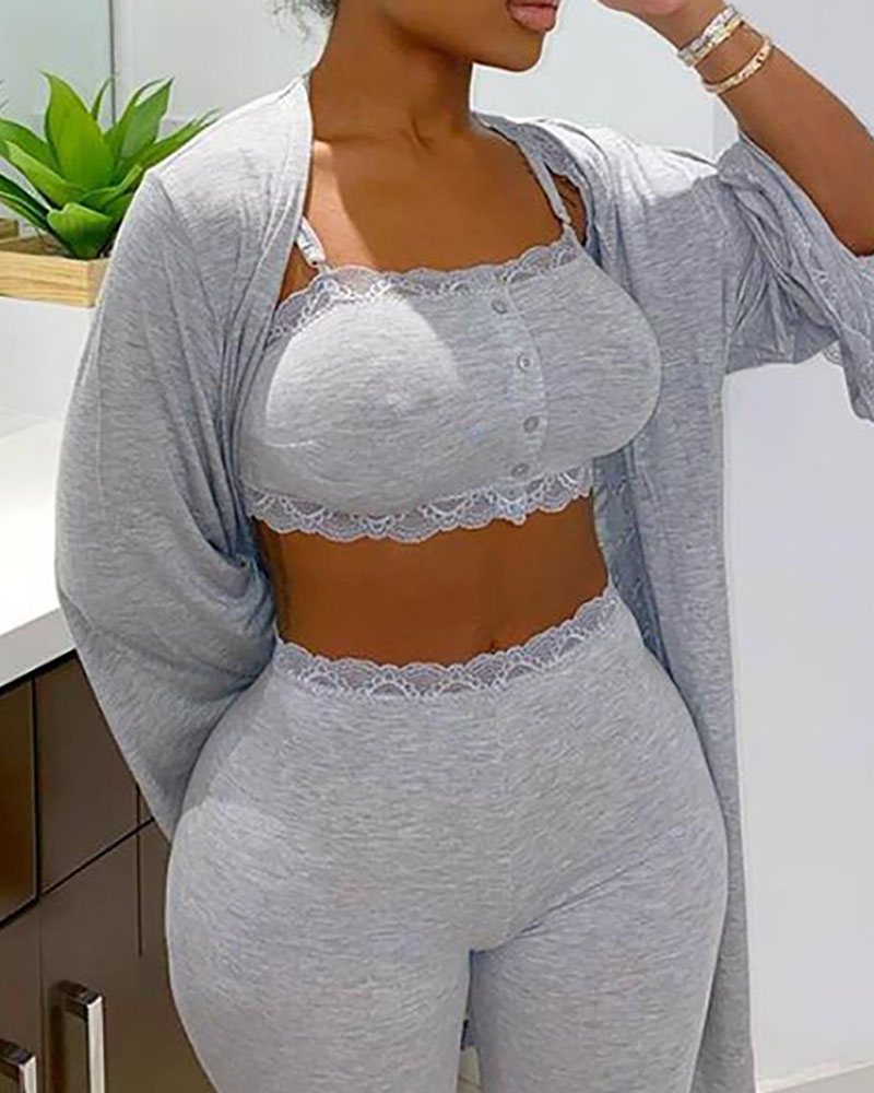 

Lace Trim Button Decor Lounge Set With Cardigan, Gray