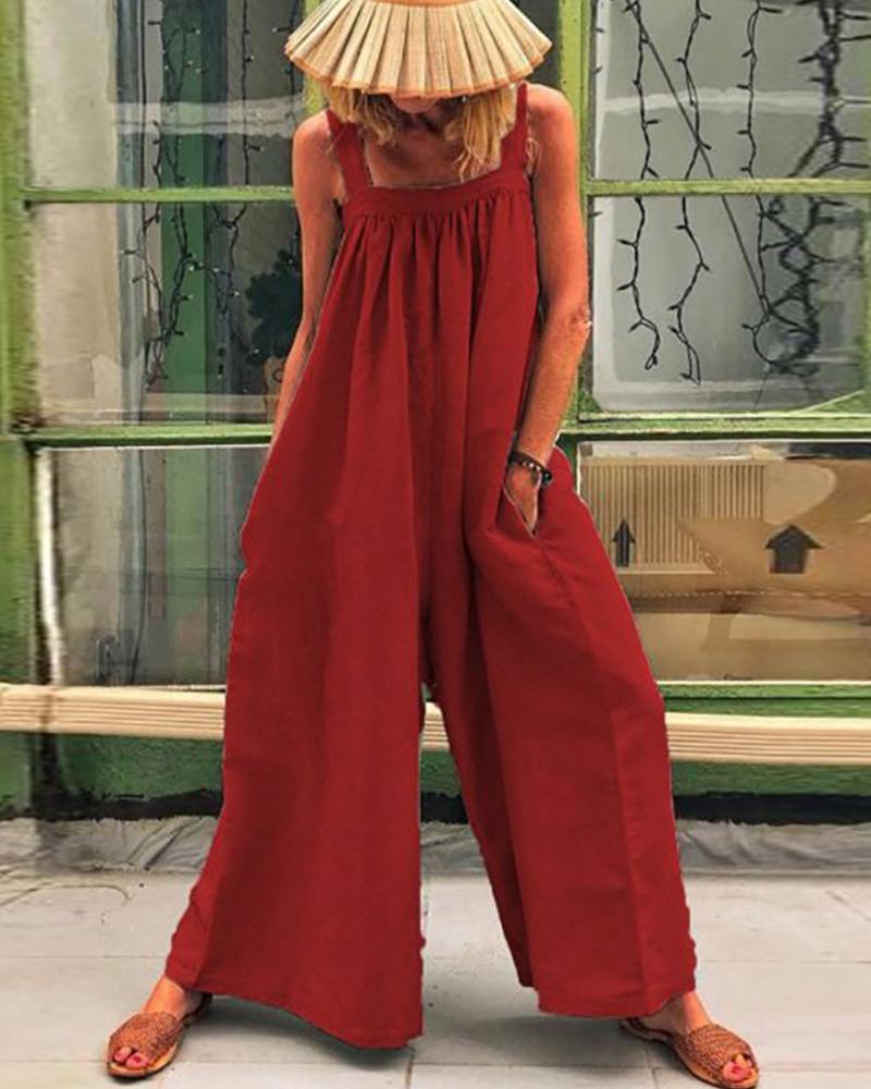 

Wide Strap Flare Leg Jumpsuit, Red