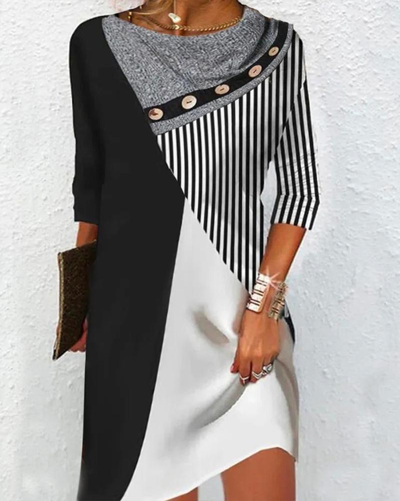 

Colorblock Patchwork Button Decor Casual Dress, Black