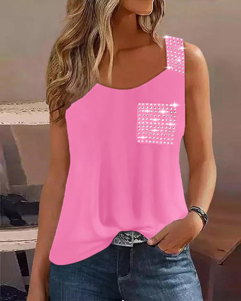 

Rhinestone Decor Pocket Design Tank Top, Pink