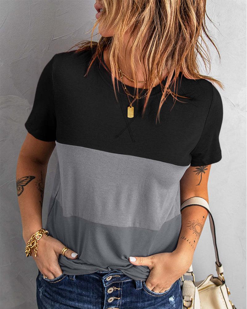 

Colorblock Short Sleeve Casual Top, Gray