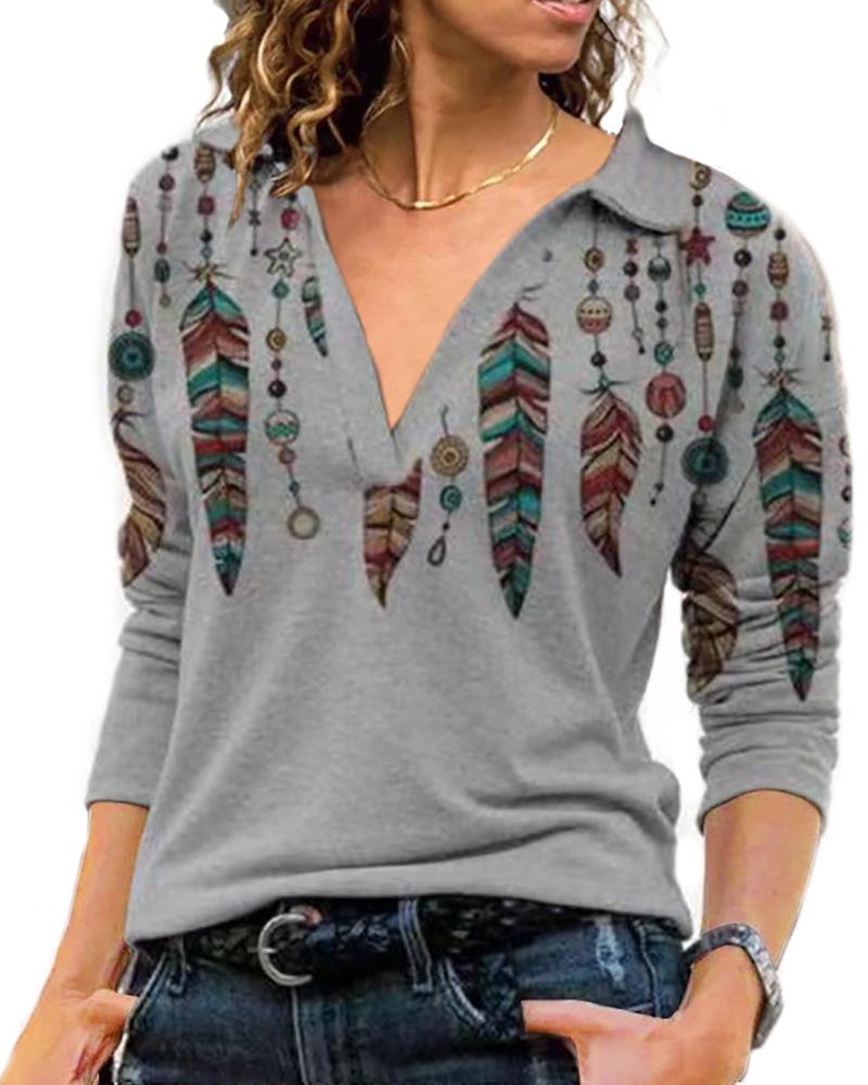 

V Cut Long Sleeve Feather Print Top, Gray