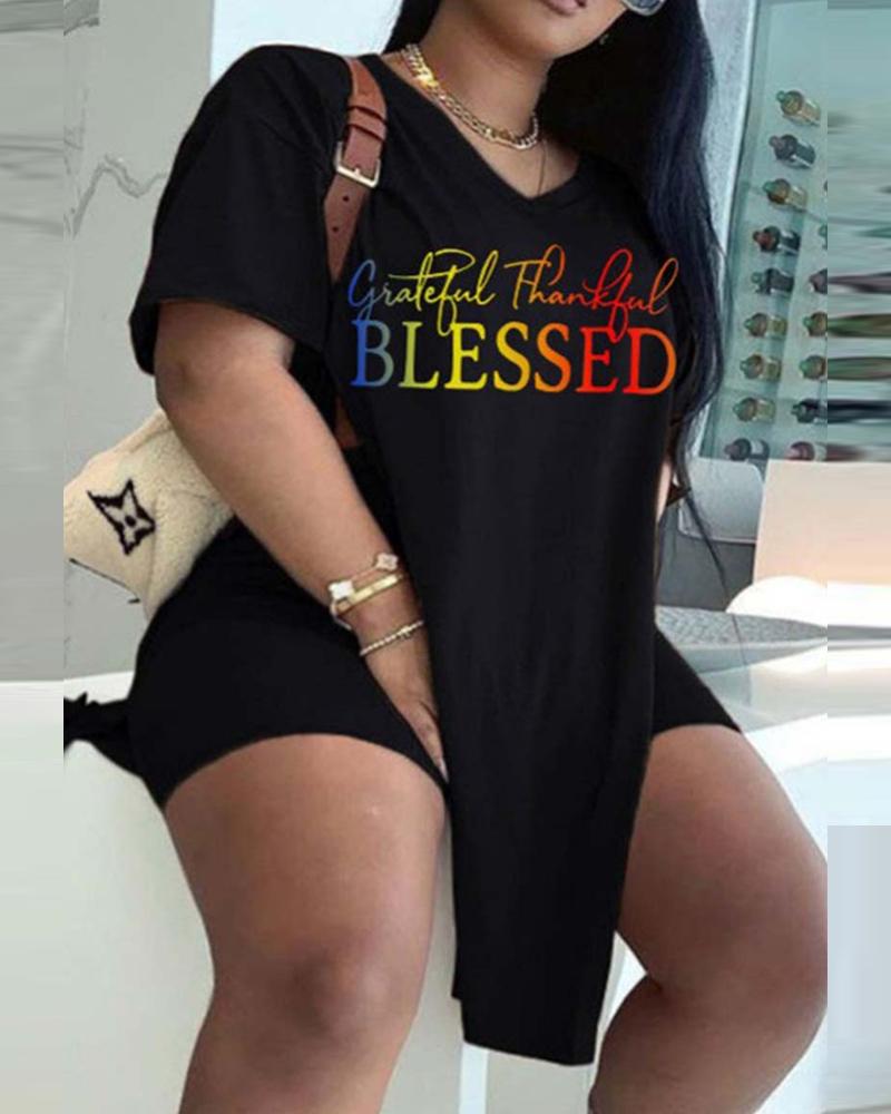 Ensemble haut et short à ourlet fendu Grateful Thankful Blessed de grande taille