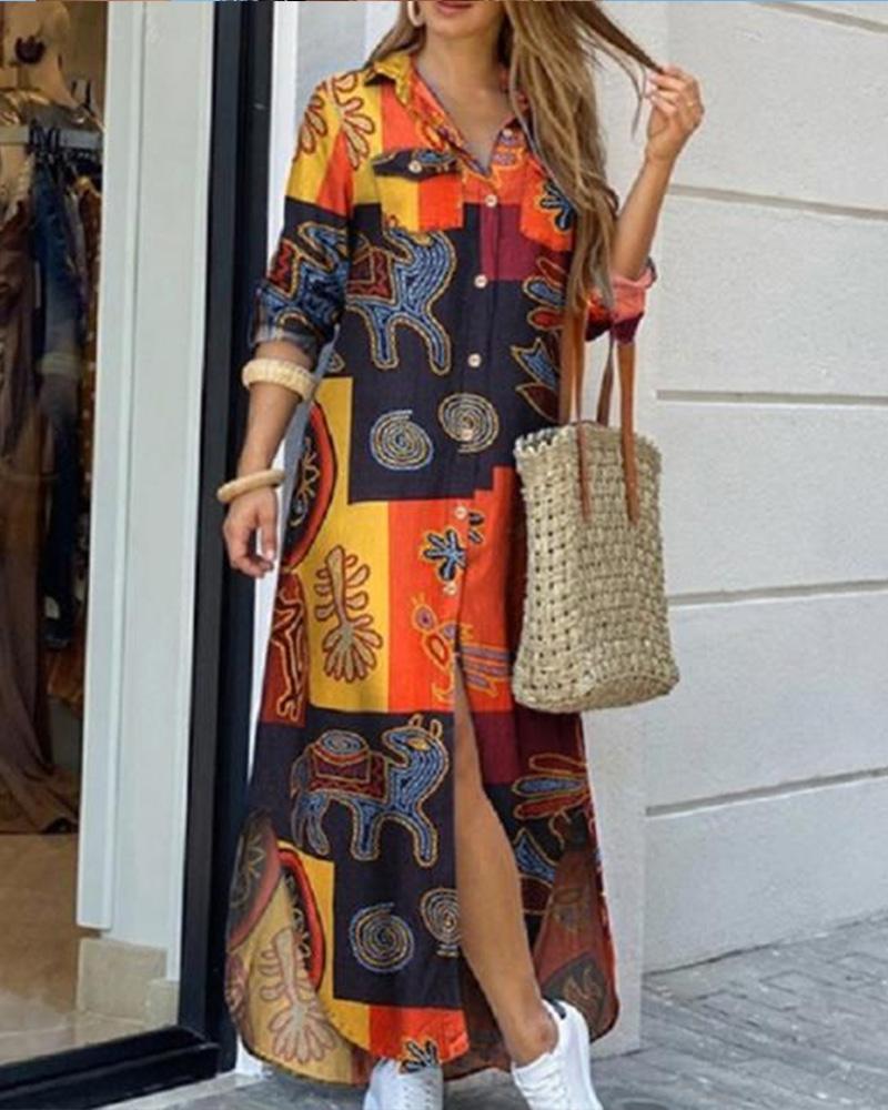 

Retro Pattern Print Long Sleeve Loose Button-up Dress, Style1