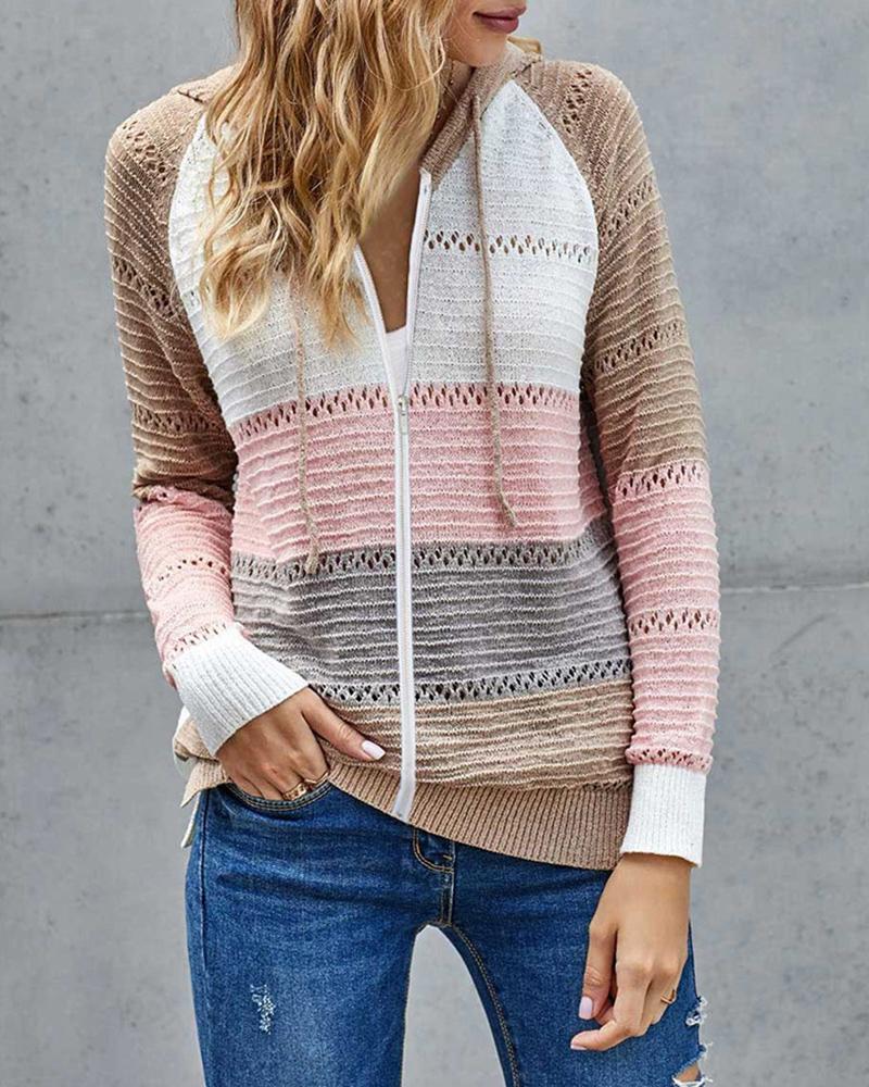 

Colorblock Zip Front Hollow Out Knit Cardigan, Pink