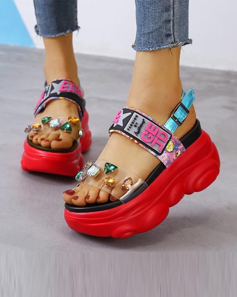 

Round-toe Double-belts Splicing Multicolor Rhinestone Platform Slippers, Red
