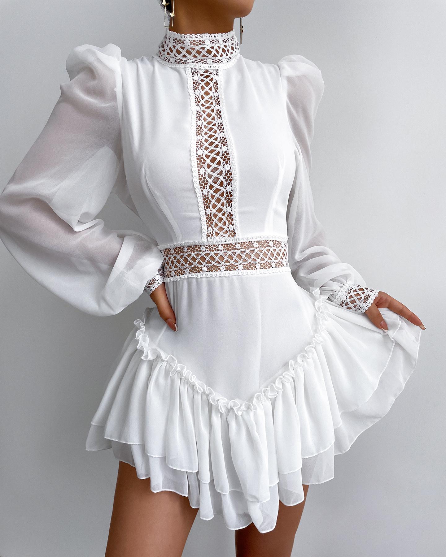 

Frill Hem Lace Patch Layered Ruffles Casual Dress, White