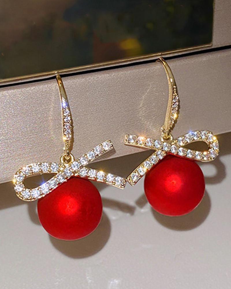 

1Pair Christmas Rhinestone Bowknot Design Dangle Hook Earrings, Red