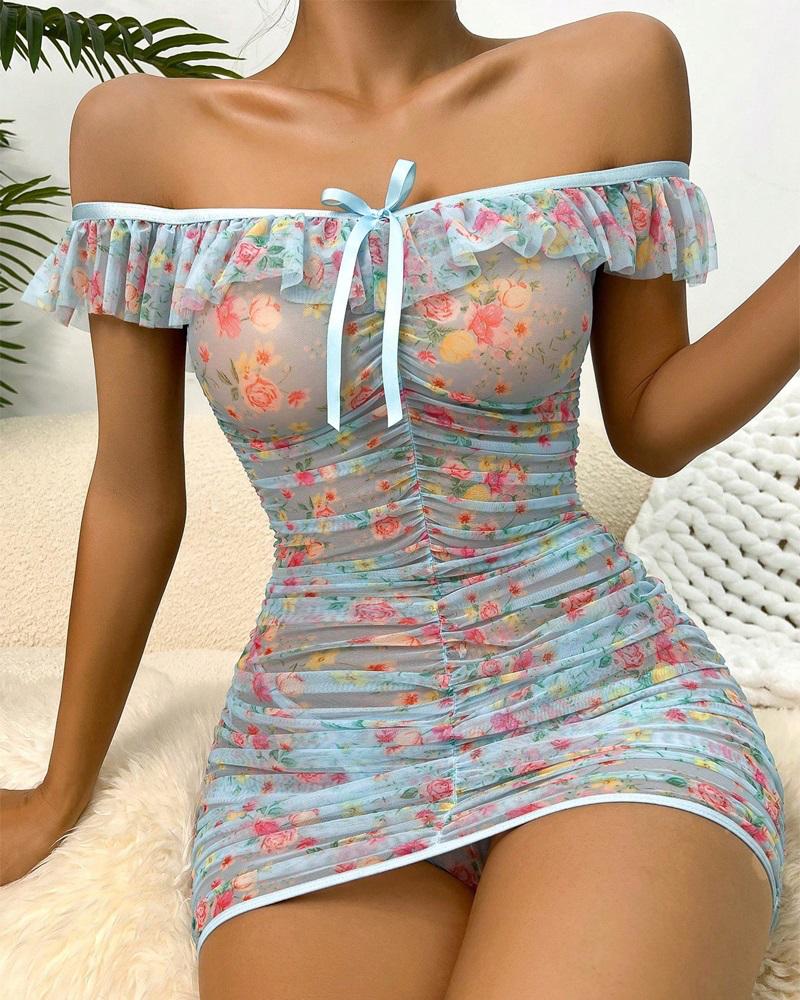 

Floral Print Ruffle Hem Ruched Babydoll, Blue