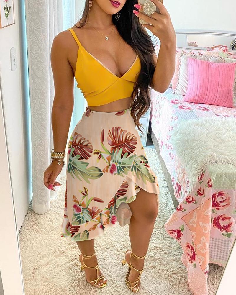 

Cami Colorblock Top & Floral print Skirt Sets, Multicolor