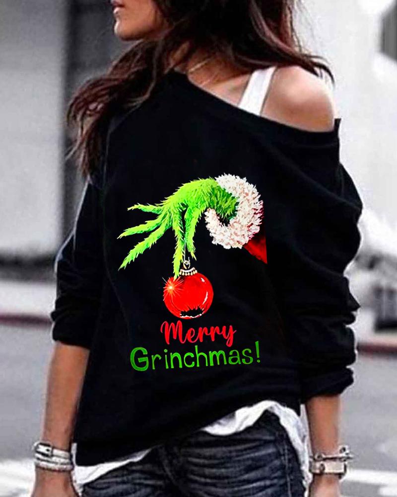 

Christmas Grinch Hand Print Cold Shoulder Top, Black