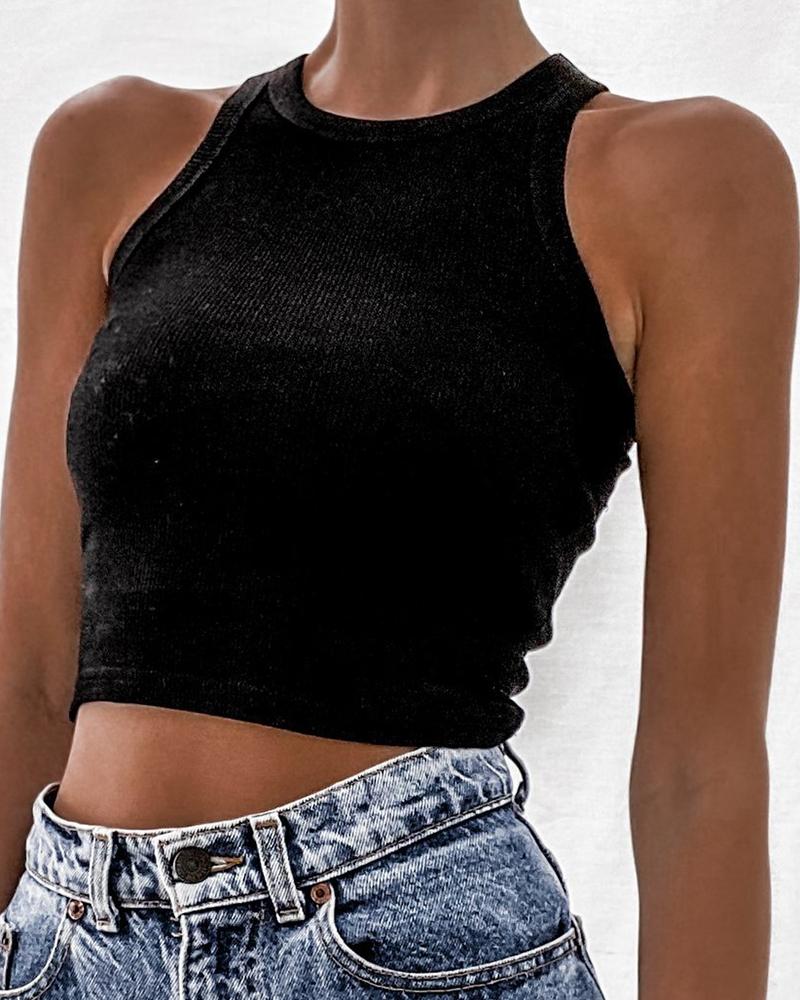 

Crew Neck Crop Basics Tank Top, Black
