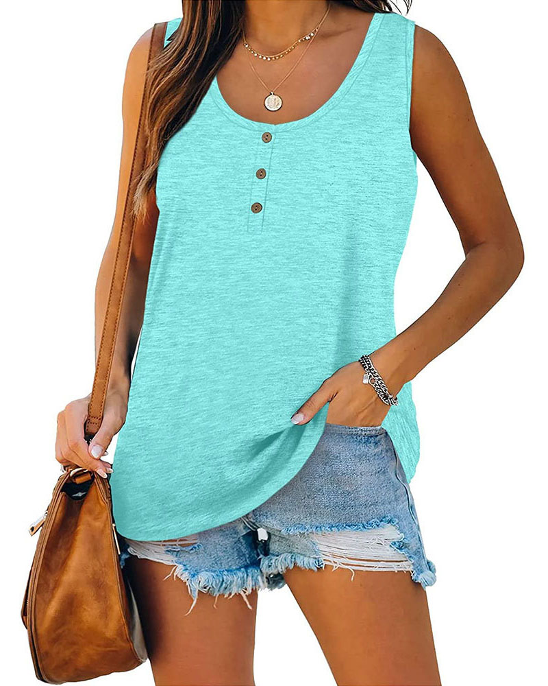 

Button Decor U-Neck Casual Tank Top, Light green