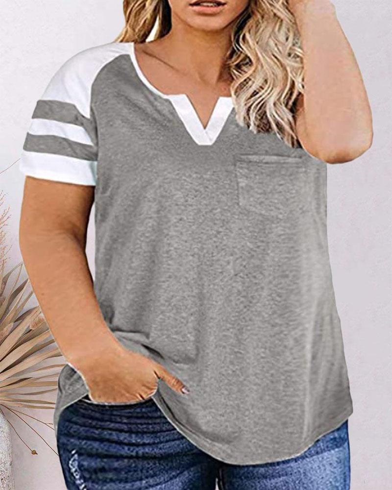 

Plus Size Contrast Paneled Pocket Design Casual T-shirt, Light gray