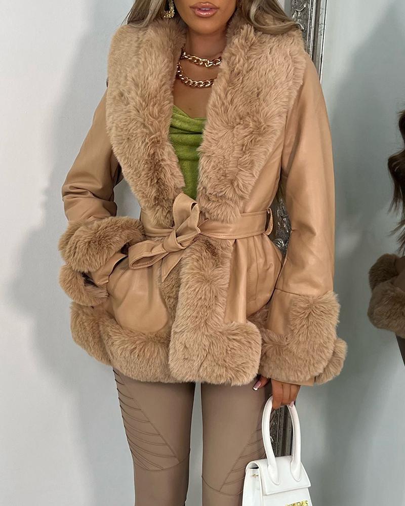 

Fuzzy Trim Long Sleeve Tied Detail Lined Coat, Brown