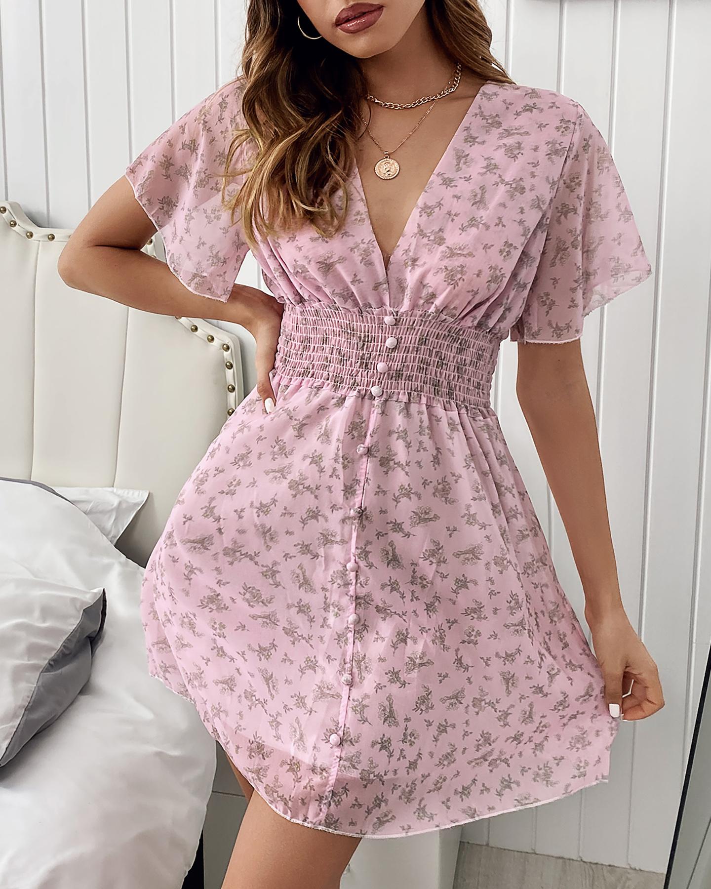 

Ditsy FloralPrint Skinny Waist Ruffle Hem Short Sleeve Mini Dress, Pink