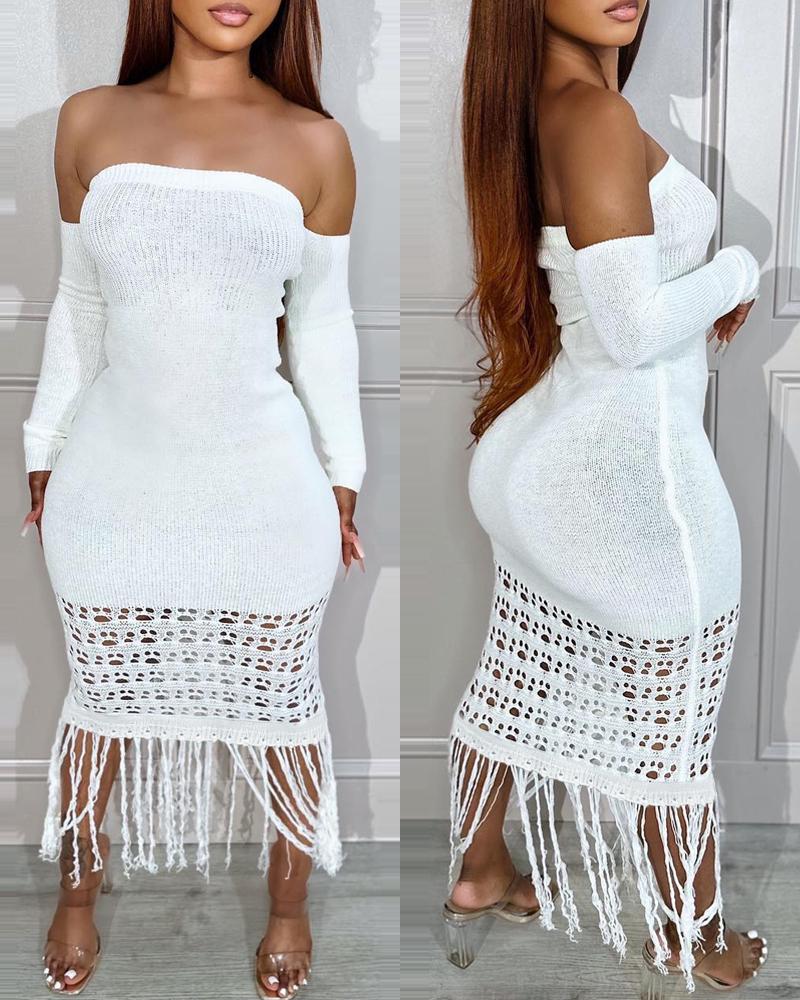 

Off Shoulder Hollow-out Tassel Design Midi Dress, White