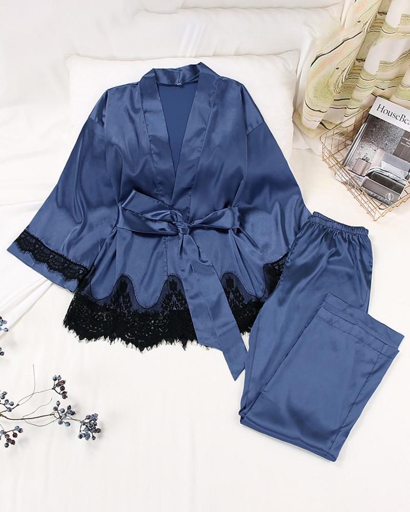 

Eyelash Crochet Lace Satin Robe With Pants, Blue