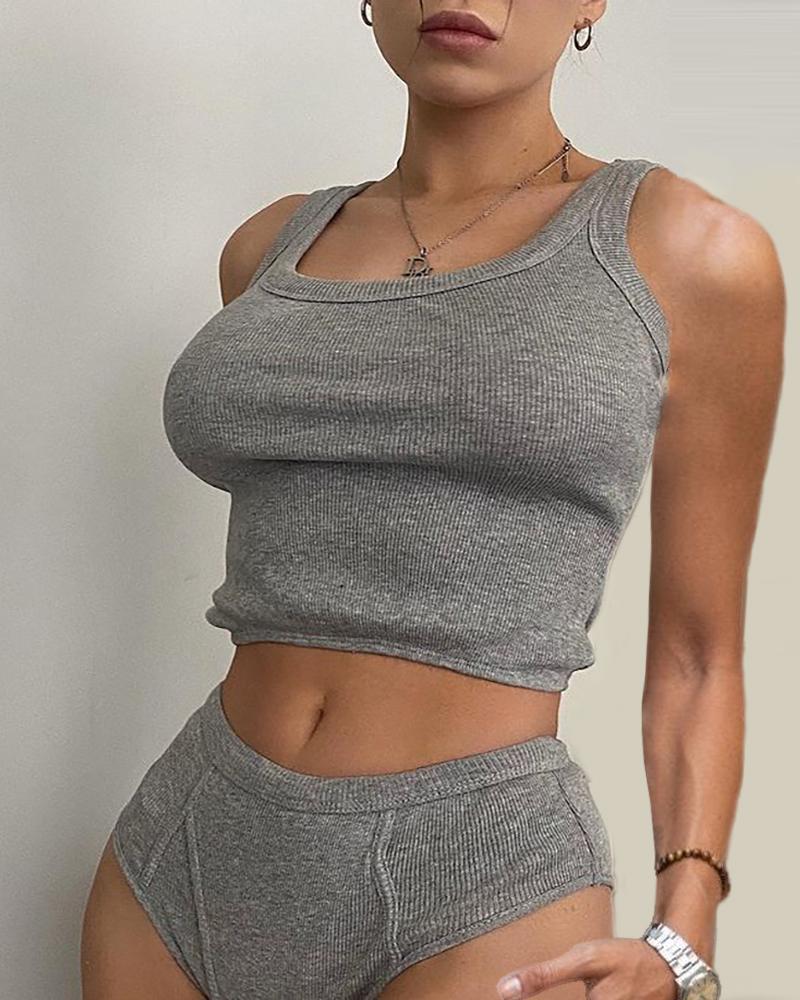

Ribbed Plain U Neck Top & Shorts Set, Gray