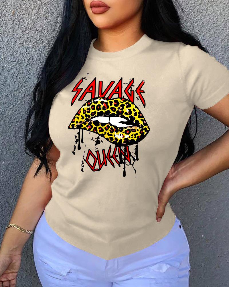 

Lip / Letter / Leopard Print O Neck T-Shirt, Khaki