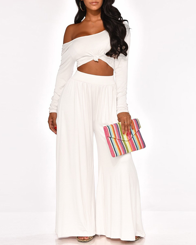 

Long Sleeve Top & Wide Leg Pants Set, White