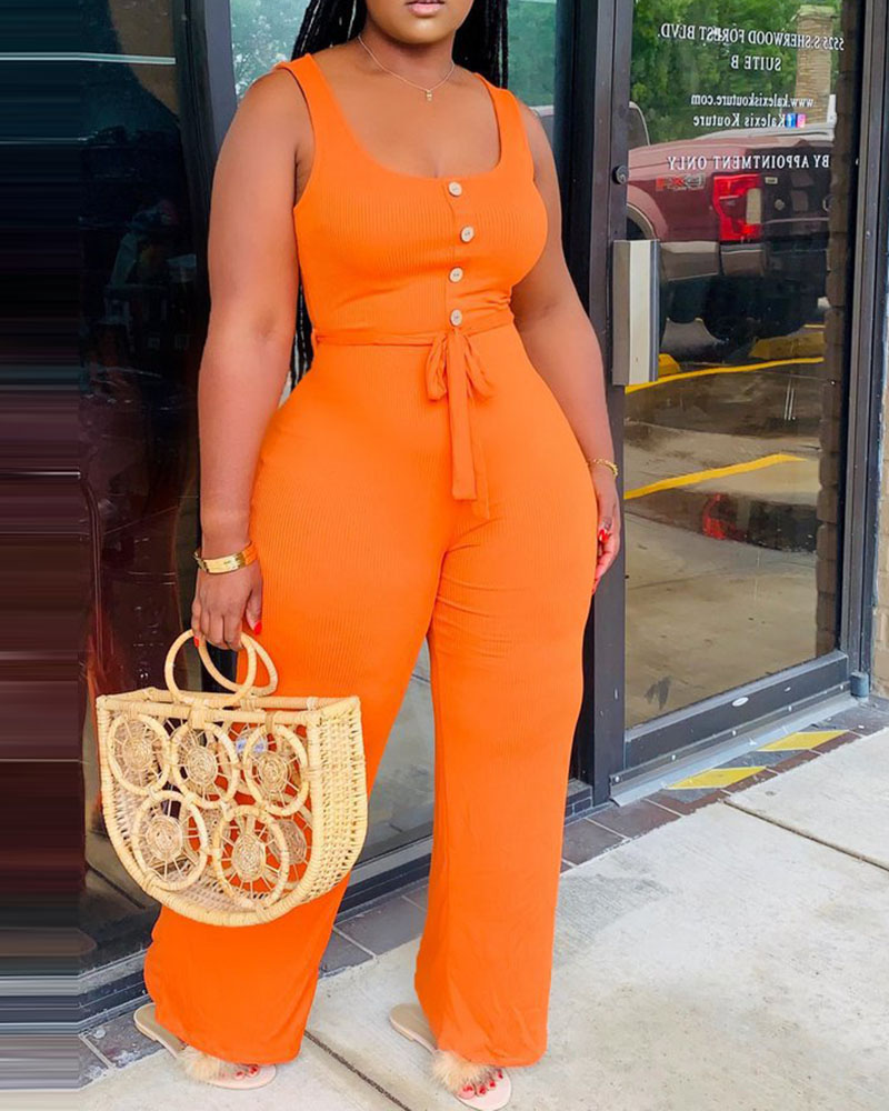 

Button Design Thick Strap Wide Leg Jumpsuit With Belt, Orange