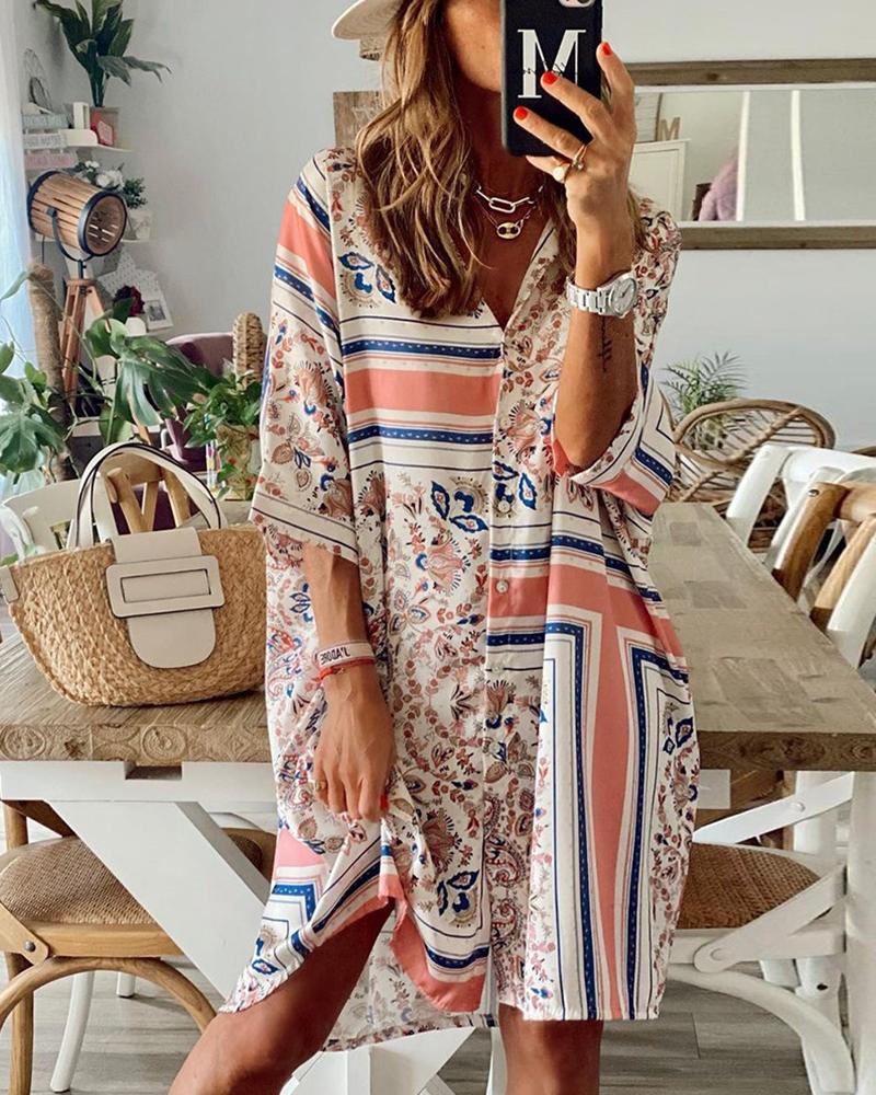 

Vintage Floral Print Three Quarter Sleeve Midi Dress, Beige