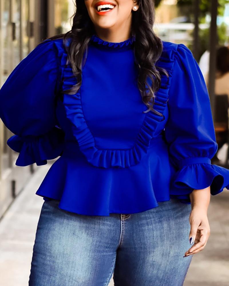 

Plain Ruffles Long Sleeve Top, Blue