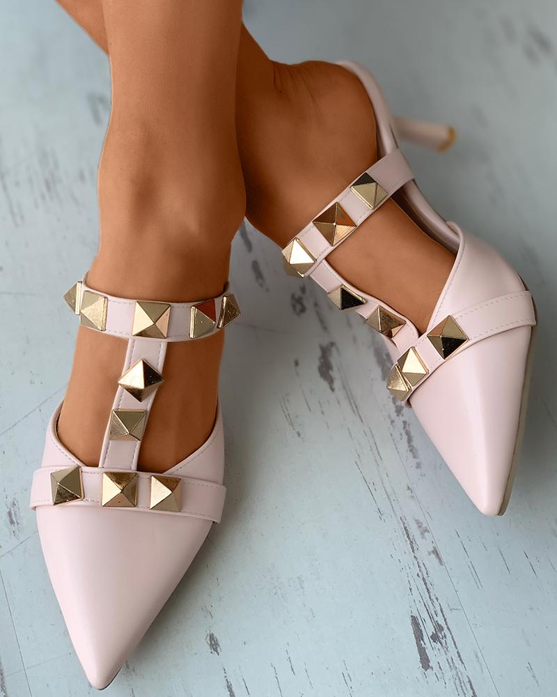 

Solid Studded Pointed-toe High Heel Sandals, Apricot