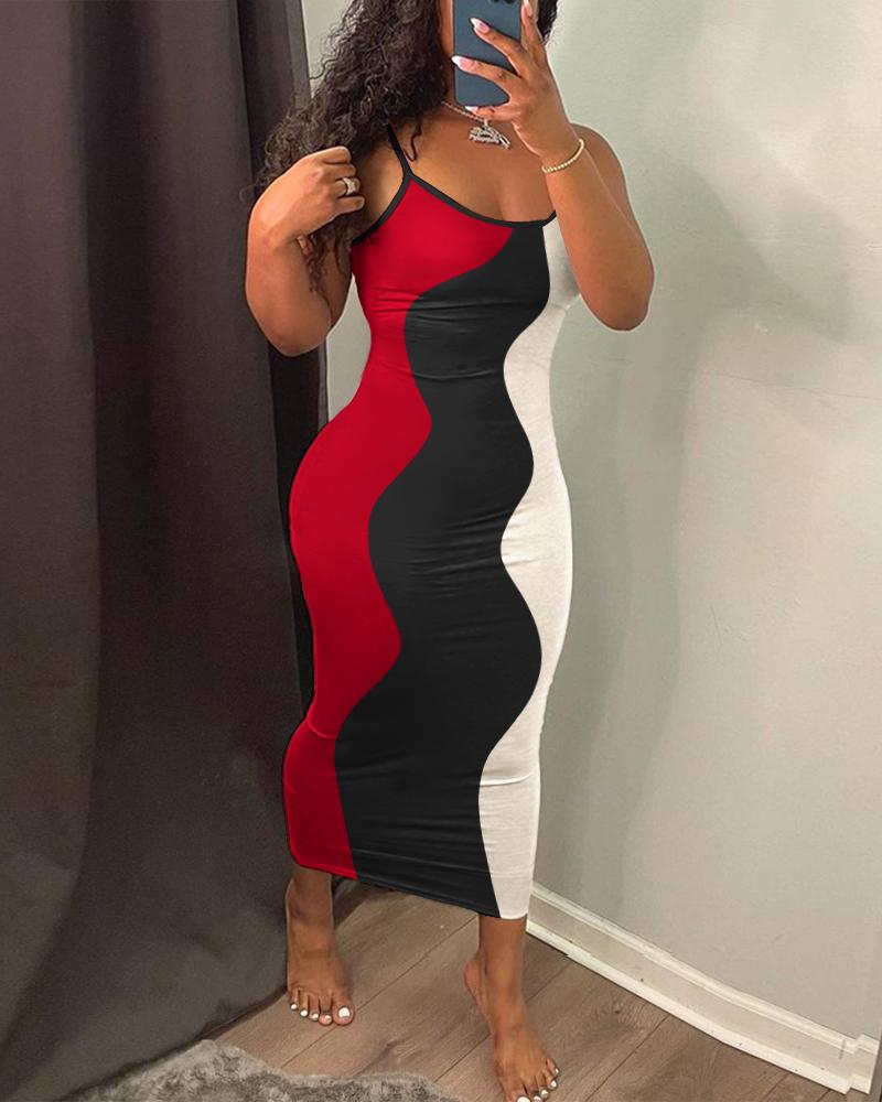 

Colorblock Patchwork Contrast Binding Bodycon Dress, Red