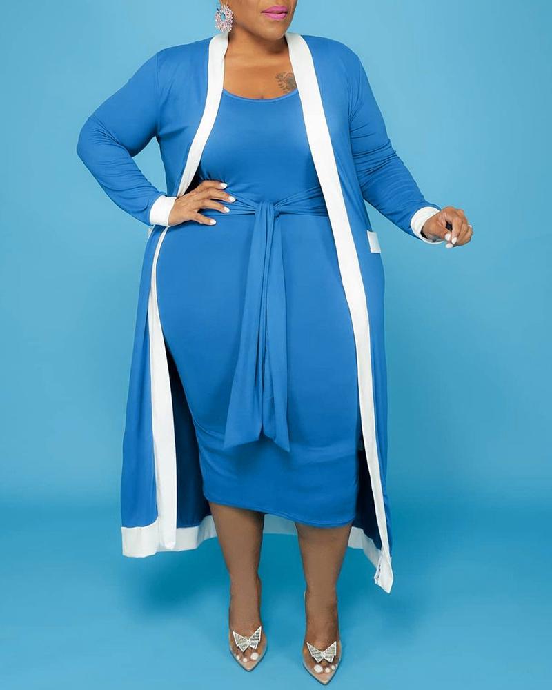 

Plus Size Tie Front Casual Dress & Striped Print Longline Cardigan Set, Blue