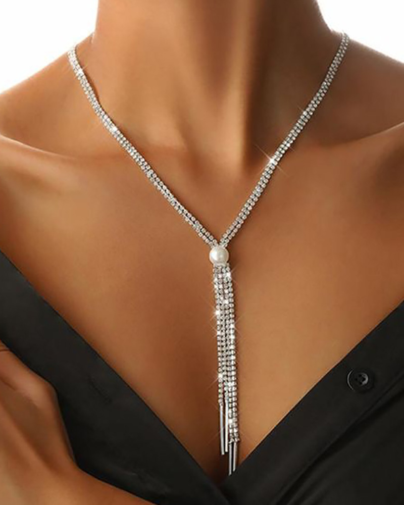 

Rhinestone Tassel Design Pearl Pendant Necklace, Silver