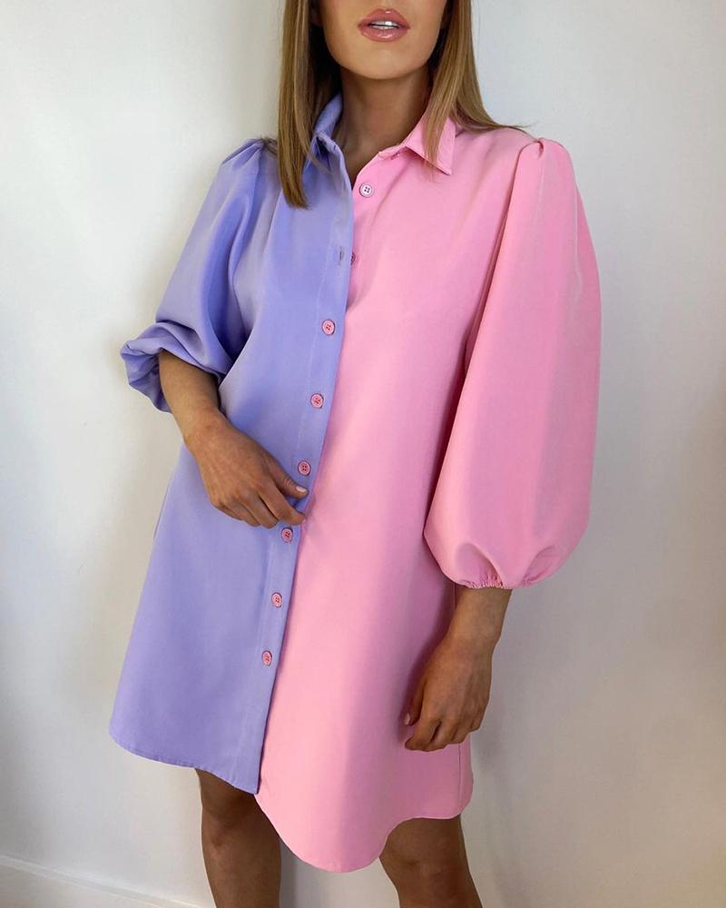 

Colorblock Button Front Lantern Sleeve Shirt Dress, Multicolor