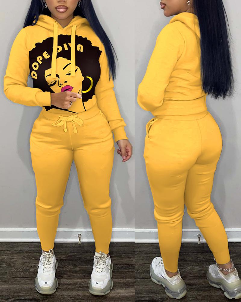 

Figure Print Long Sleeve Hoodie & Drawstring Pants Set, Yellow