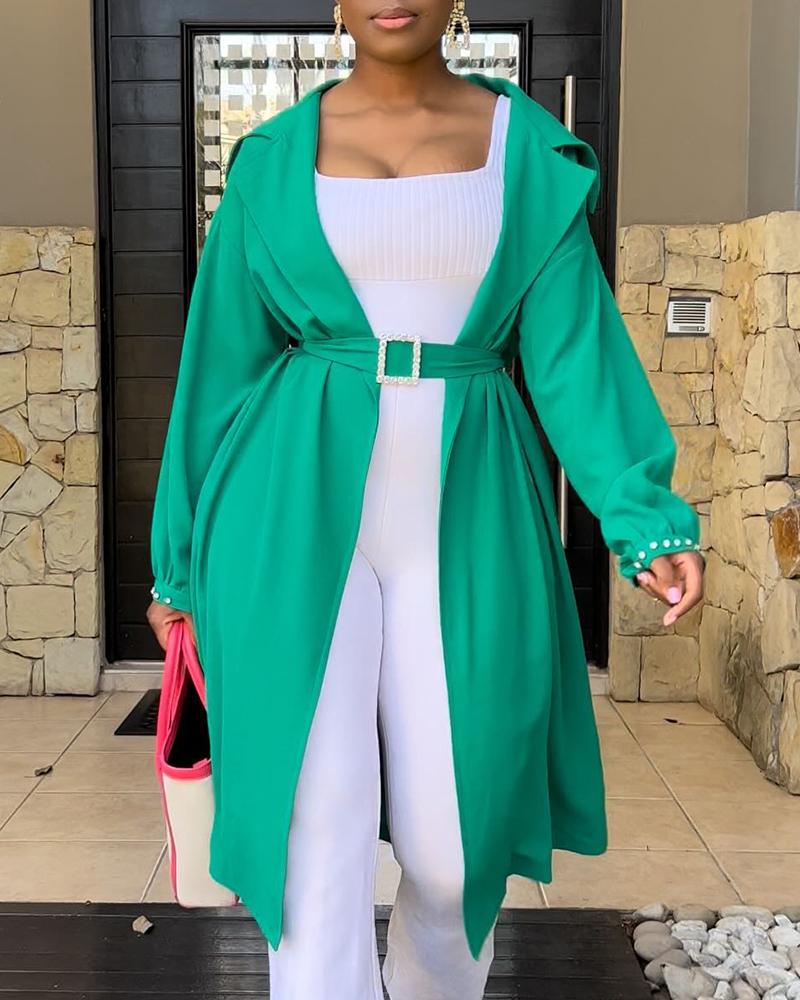 

Long Sleeve Notched Collar Longline Coat, Green
