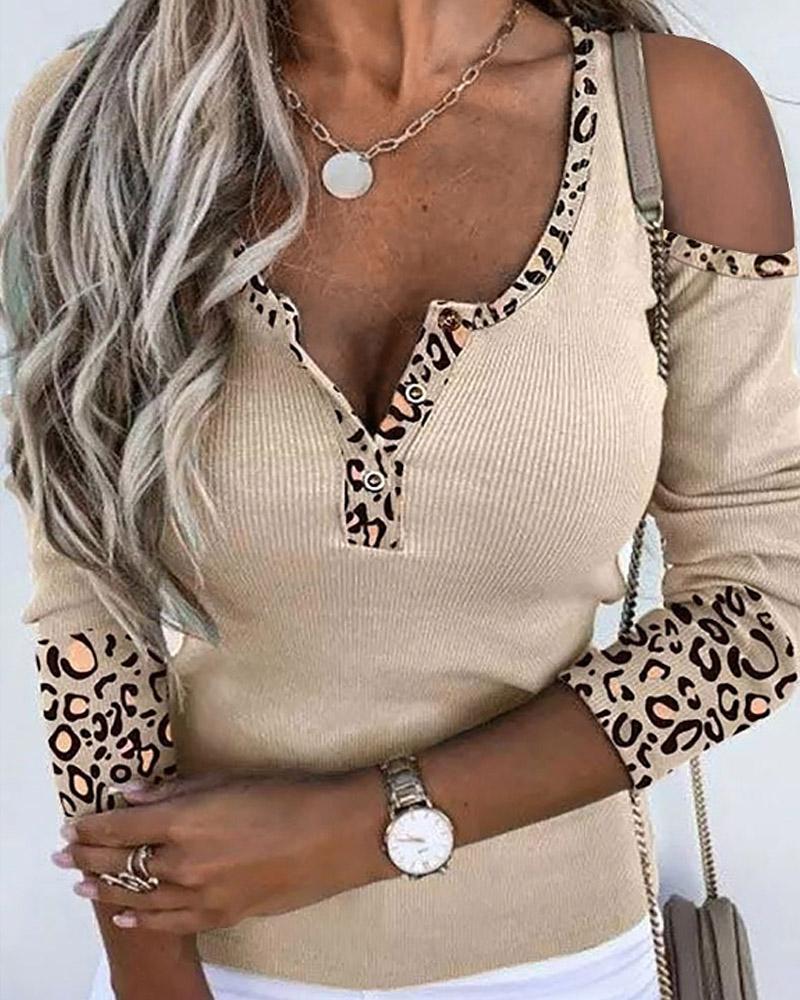 

Contrast Leopard Cold Shoulder Ribbed Top, Khaki